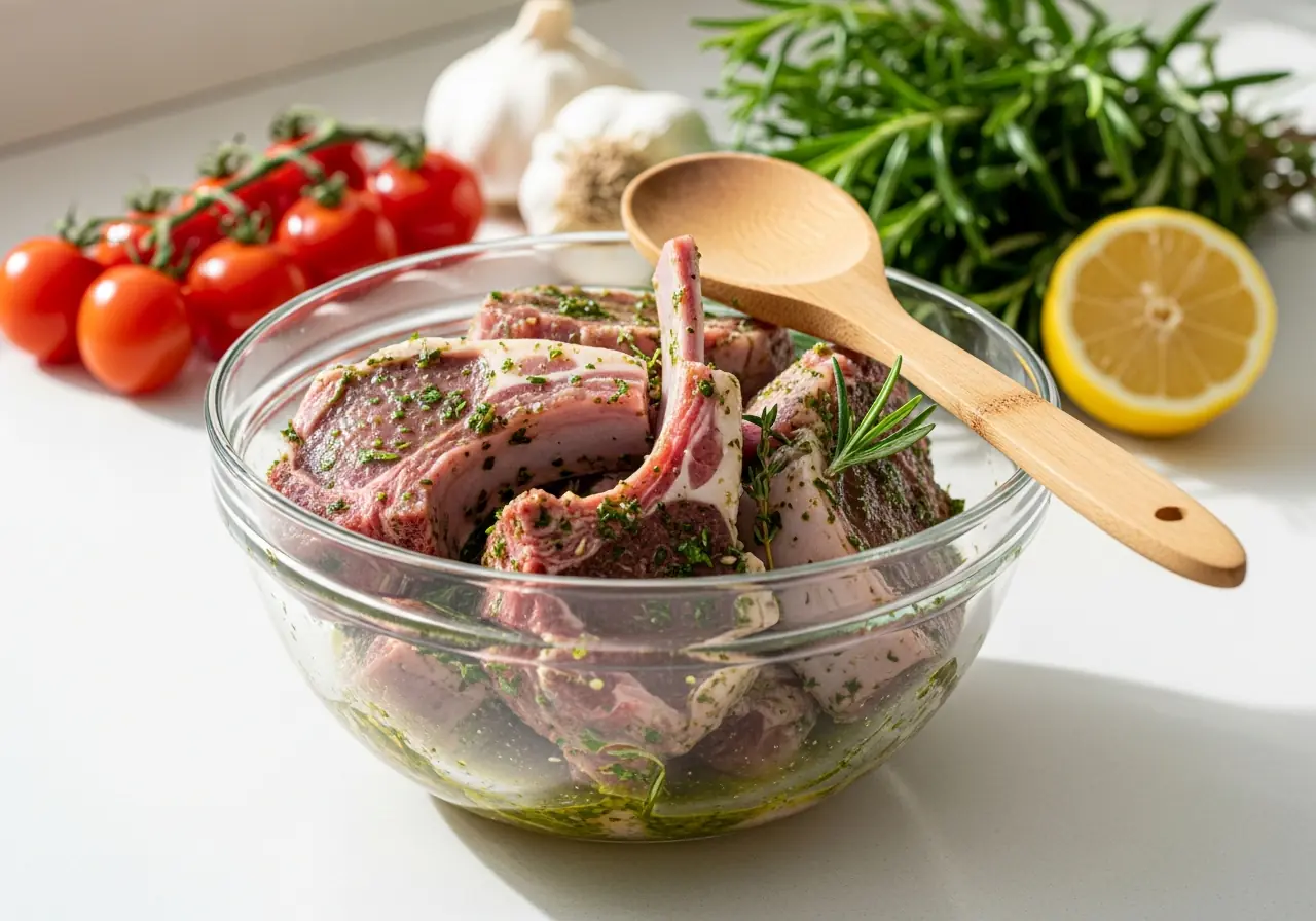 Lamb chops marinating in lemon garlic mixture for quick lamb chop recipes baked