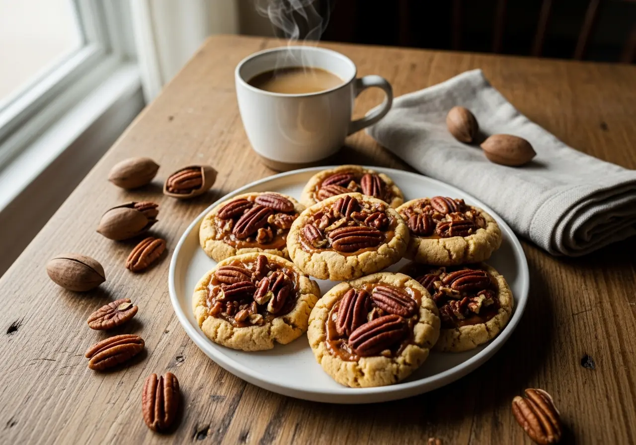 Pecan pie cookies served with coffee for a delicious holiday dessert