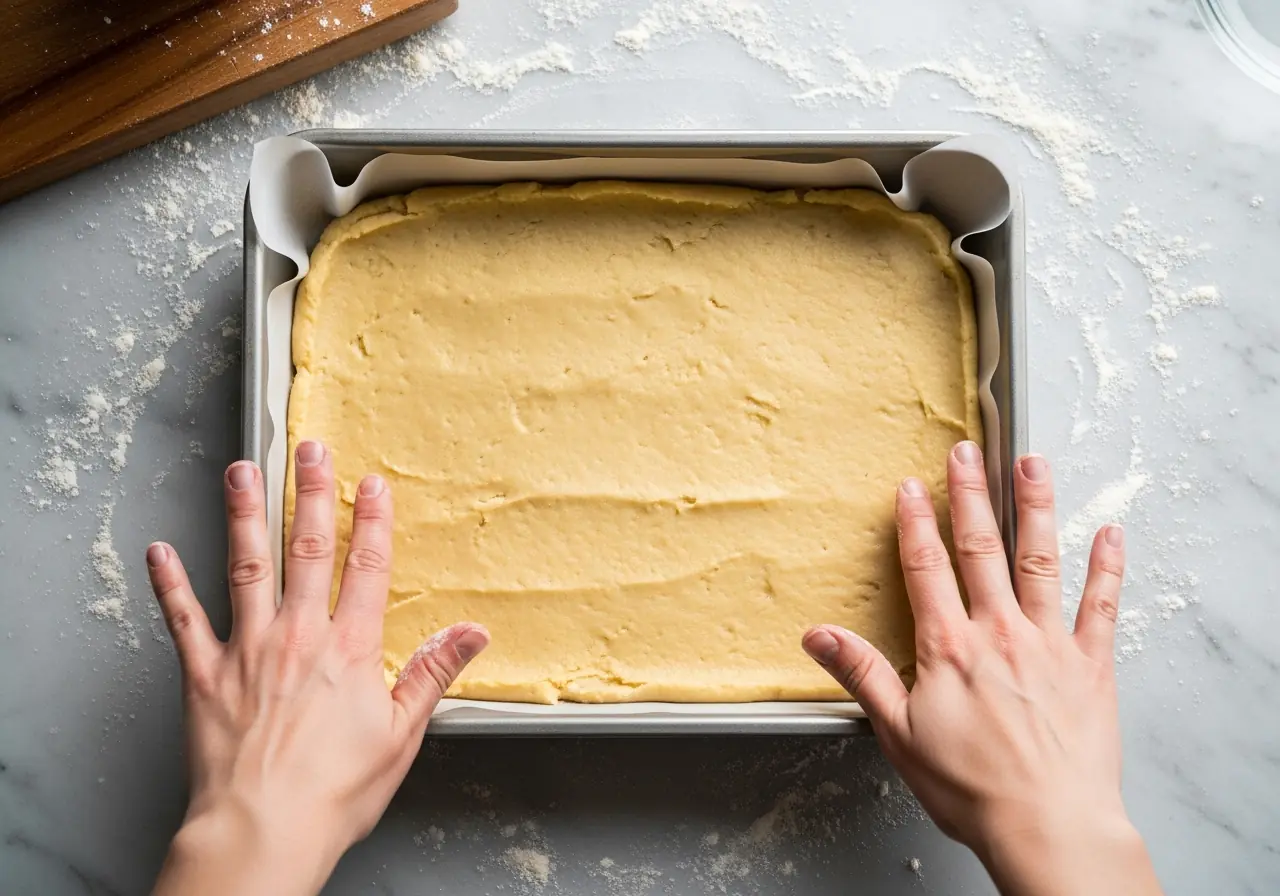 The Ultimate Sugar Cookie Bar Recipe: Soft, Buttery, and Ready in 30 Minutes 5 Pressing sugar cookie bar dough into baking pan showing easy cookie recipes technique