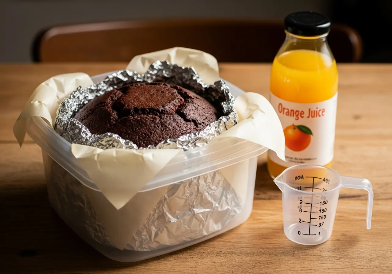 Properly wrapped gluten free christmas cake in parchment and foil for aging and storage