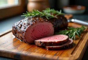 Roasting beef tenderloin recipe showing perfectly cooked medium-rare beef with caramelized crust on wooden board