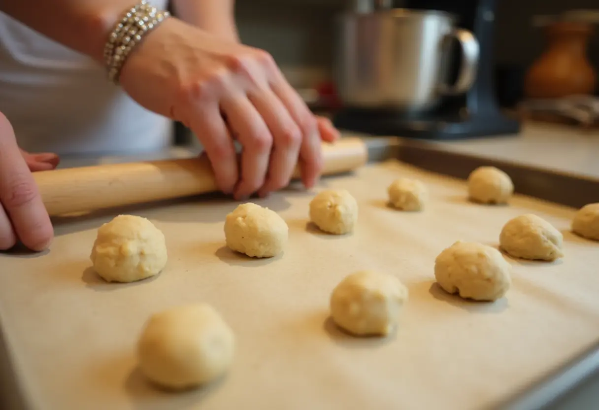 Rolling pecan pie cookie dough into balls for baking