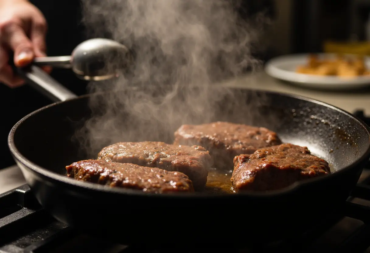 Searing beef tenderloin in hot cast iron skillet to create caramelized crust before roasting