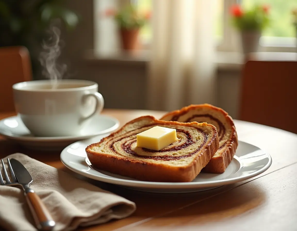 Serving suggestions for easy cinnamon swirl bread recipe at breakfast