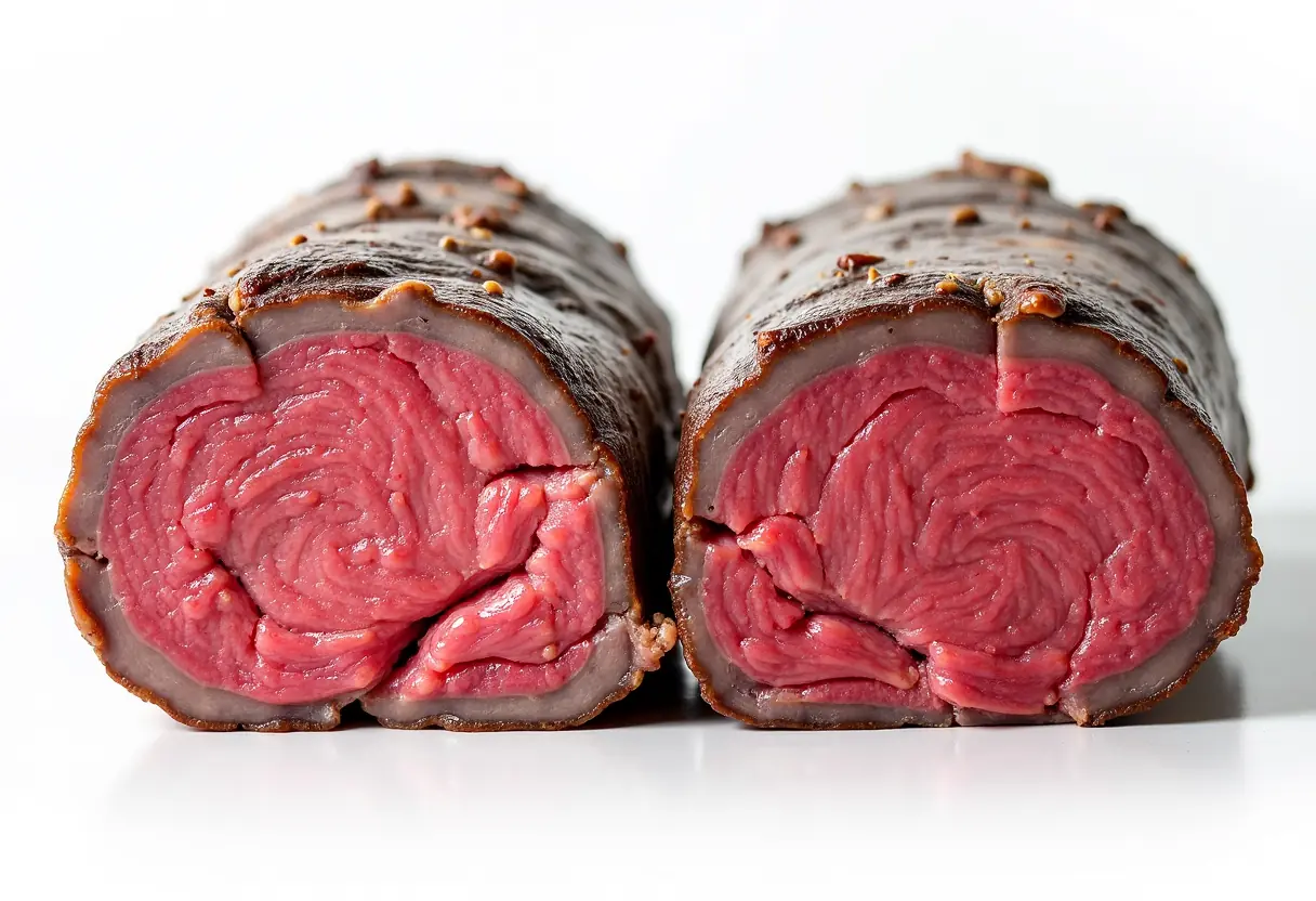Slow roasted beef tenderloin comparison showing even cooking throughout versus traditional method