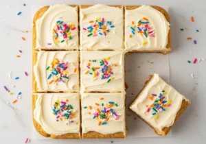 Sugar cookie bar recipe with vanilla buttercream frosting and colorful sprinkles in baking pan