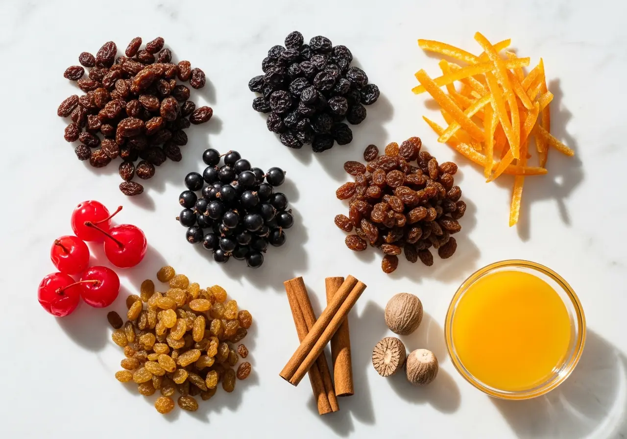 Traditional christmas cake ingredients including dried fruits and spices for gluten free baking