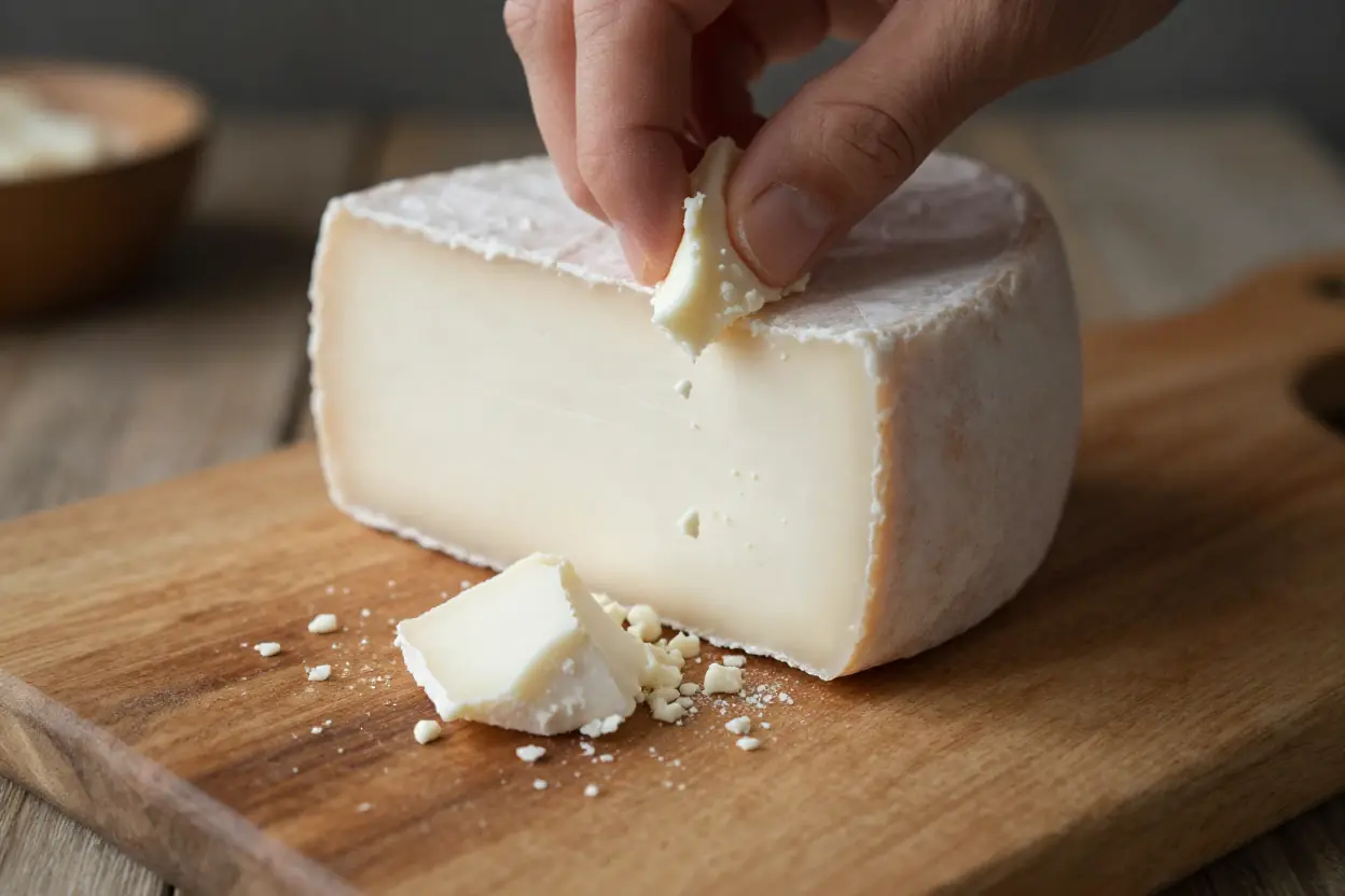 A block of queso fresco cheese being crumbled by hand over a wooden board showing its fresh crumbly