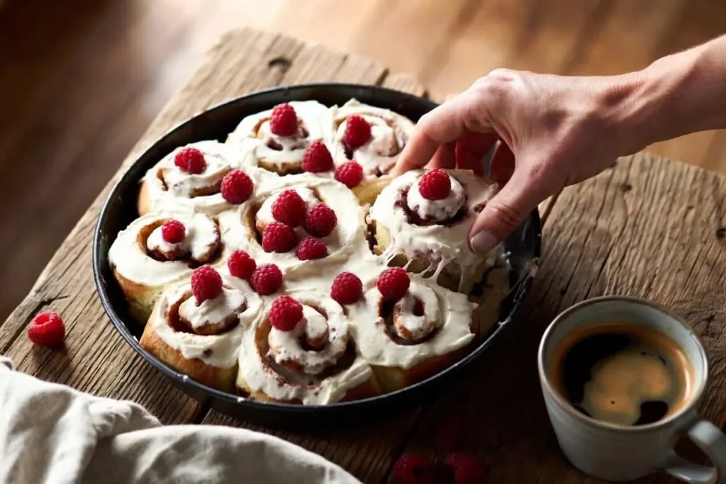 A hand pulling a raspberry cinnamon roll from a frosted pan on a wooden table with a cup of coffee nearby