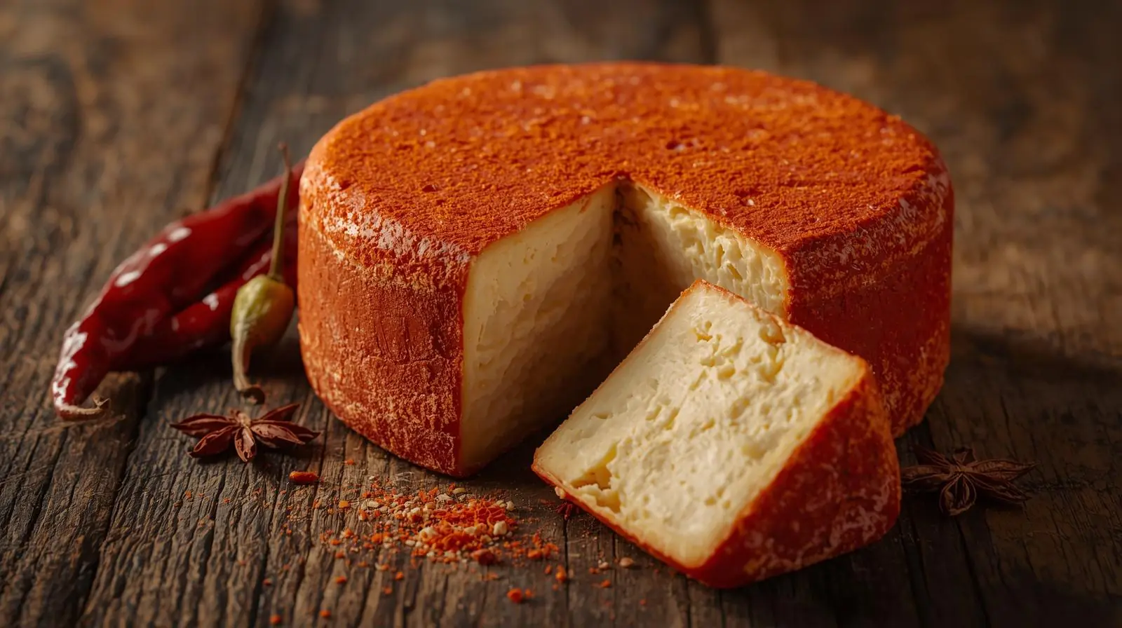 Best Substitute for Cotija Cheese That Actually Work 7 Anejo enchilado cheese with paprika rind on wooden board as traditional Mexican cotija cheese substitute