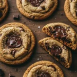 Bakery style chocolate chip cookies with gooey chocolate centers and flaky sea salt on rustic wooden board