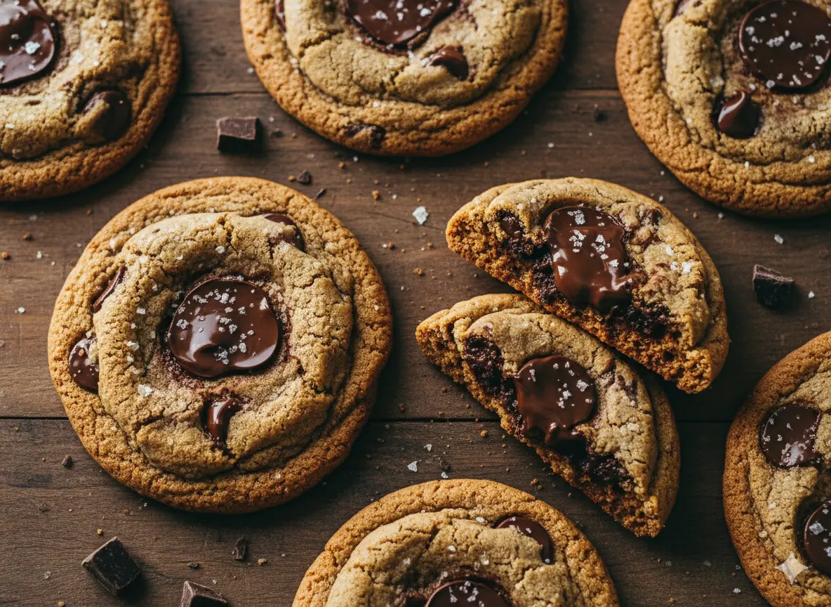 Bakery style chocolate chip cookies with gooey chocolate centers and flaky sea salt on rustic wooden board