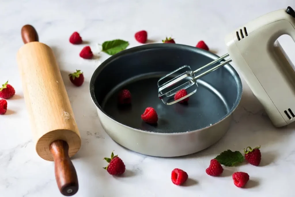Baking tools for raspberry cinnamon rolls including rolling pin, round pan, and hand mixer on marble countertop