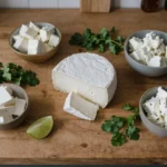 Best Queso Fresco Substitutes options laid out on a rustic wooden kitchen counter including feta, cotija, ricotta salata, and paneer