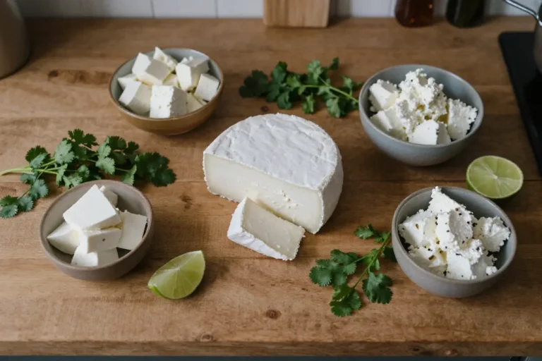 Best Queso Fresco Substitutes options laid out on a rustic wooden kitchen counter including feta, cotija, ricotta salata, and paneer