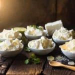 Best substitute for cotija cheese shown as various crumbled white cheeses in small bowls on rustic wooden surface