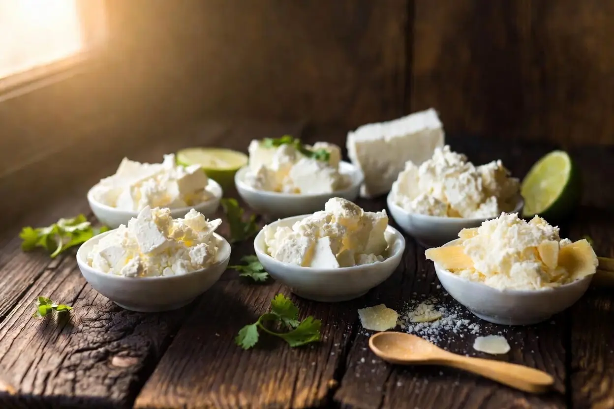 Best Substitute for Cotija Cheese That Actually Work 1 Best substitute for cotija cheese shown as various crumbled white cheeses in small bowls on rustic wooden surface