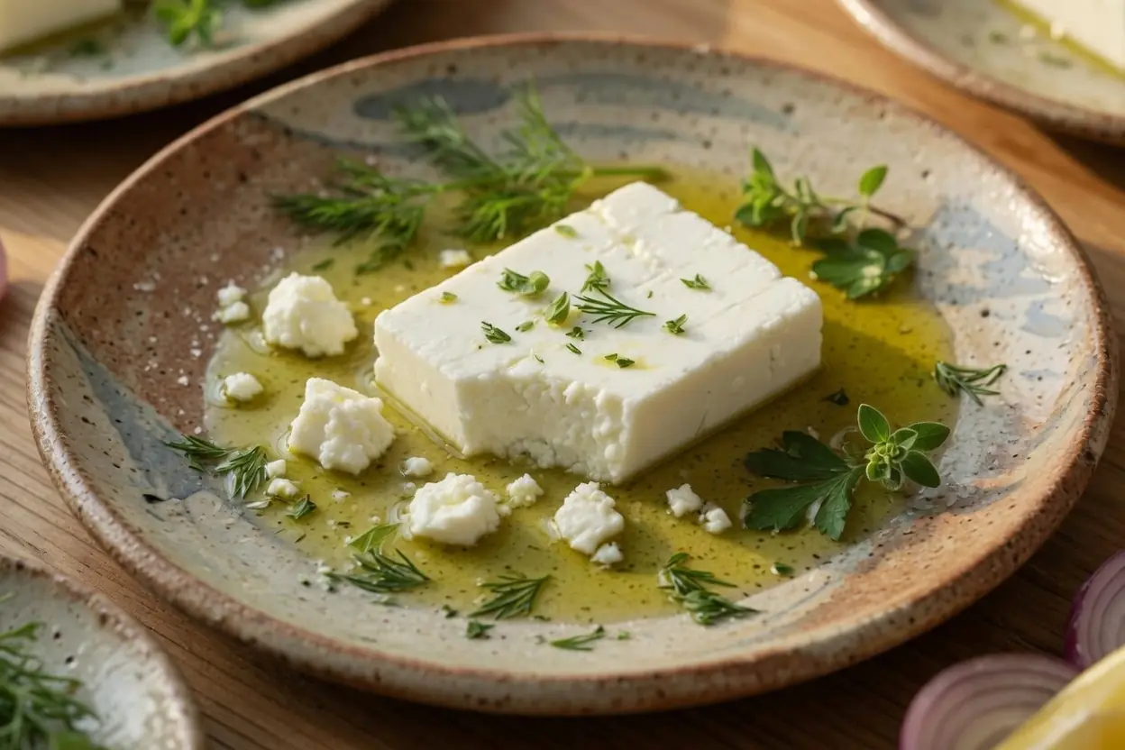 Best Substitute for Cotija Cheese That Actually Work 3 Block of feta cheese crumbled on ceramic plate as best cotija cheese substitute