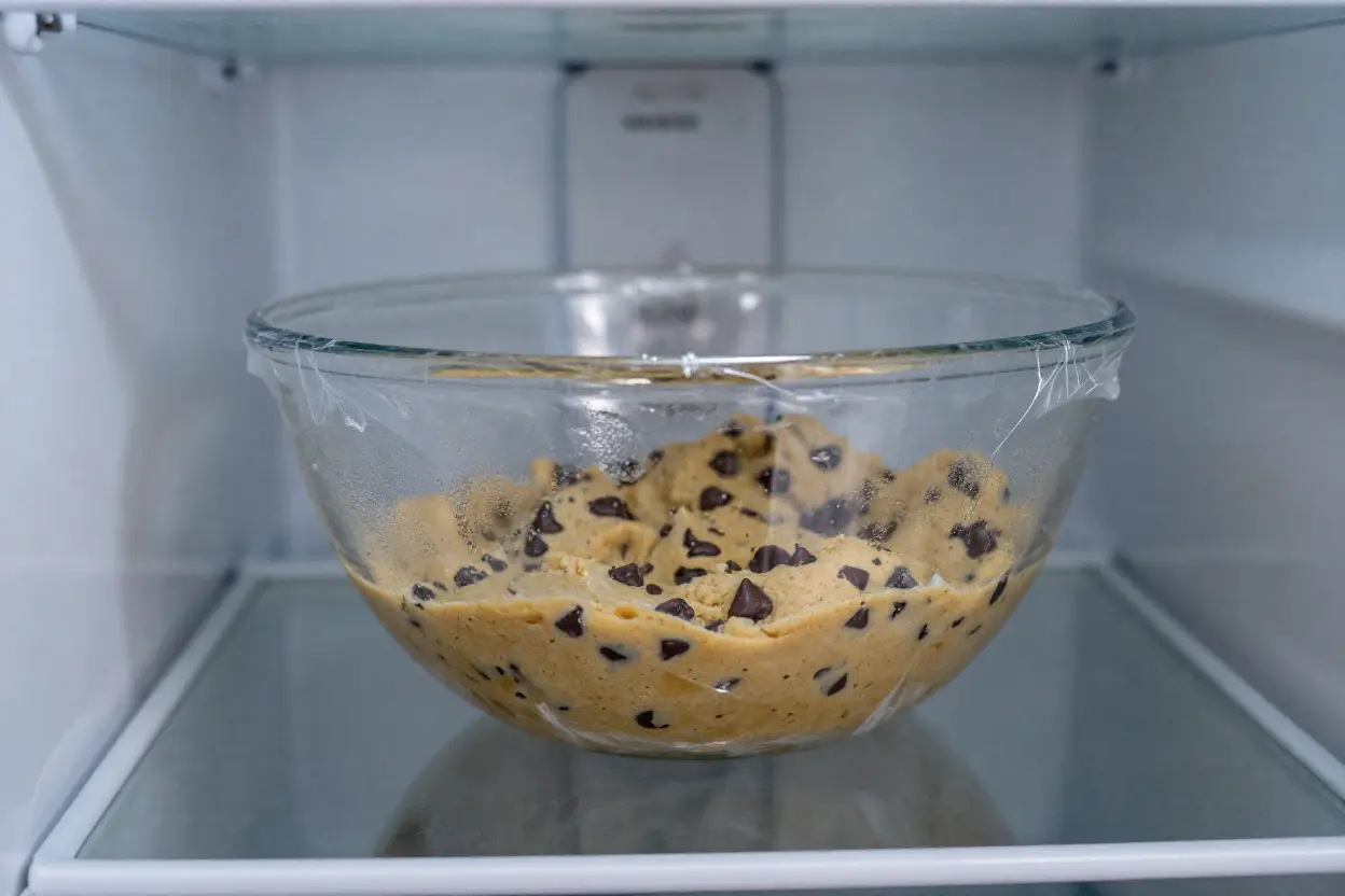 How I Finally Made Bakery Style Chocolate Chip Cookies at Home (And You Can Too) 3 Chocolate chip cookie dough covered in plastic wrap chilling in refrigerator for thick bakery cookies