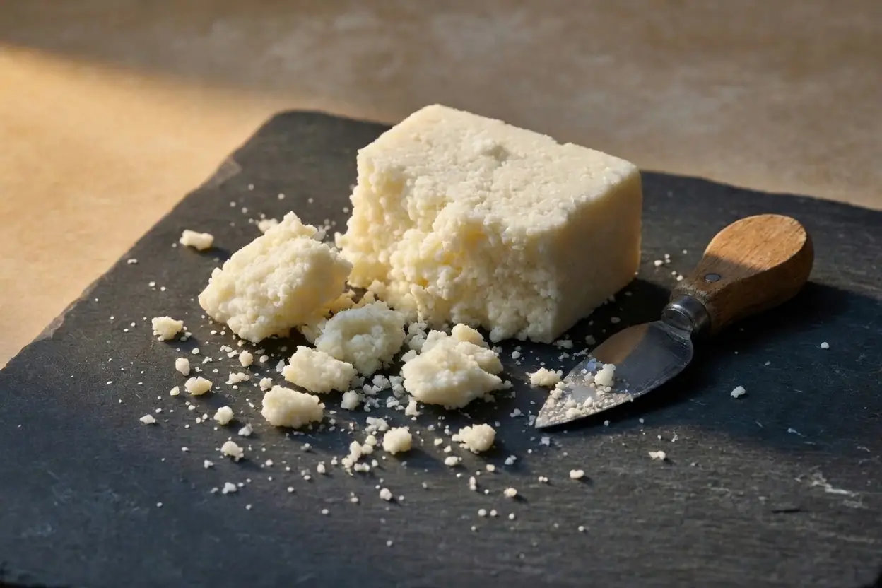 Best Substitute for Cotija Cheese That Actually Work 2 Close up of cotija cheese crumbled on dark slate board showing dry crumbly texture