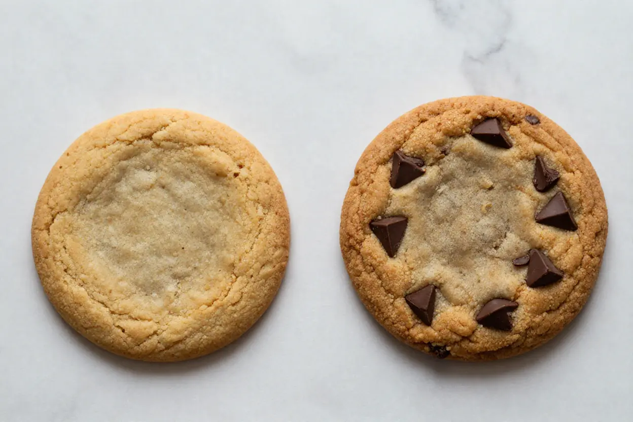 How I Finally Made Bakery Style Chocolate Chip Cookies at Home (And You Can Too) 2 Comparison of flat homemade cookie vs thick bakery style chocolate chip cookie side by side