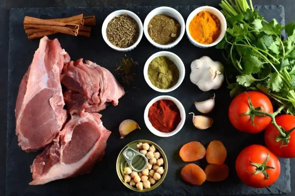 Flat lay of moroccan lamb stew ingredients including spices lamb chickpeas and dried apricots