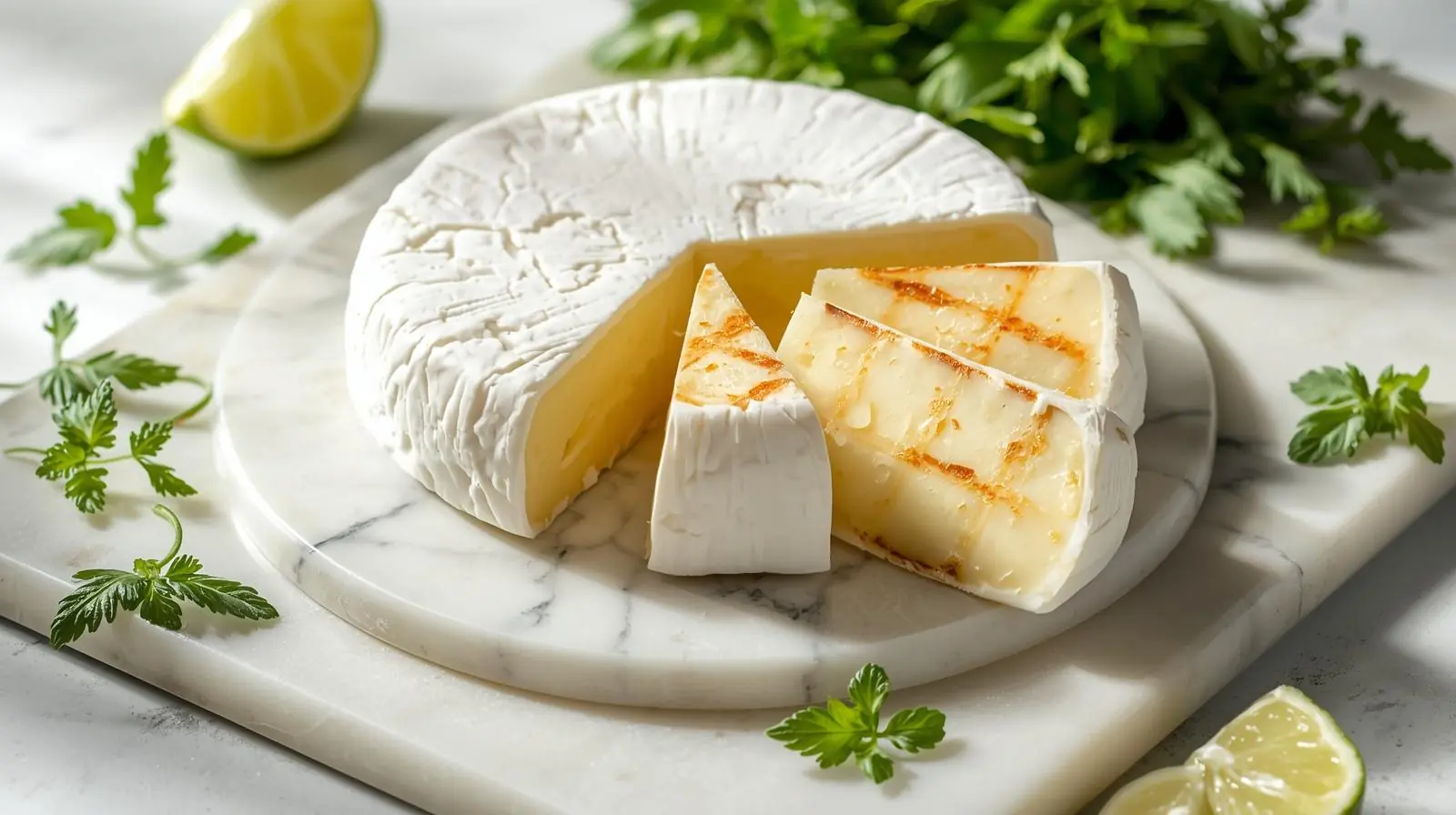 Best Substitute for Cotija Cheese That Actually Work 8 Fresh panela cheese with grill marks on marble board as mild substitute for cotija cheese