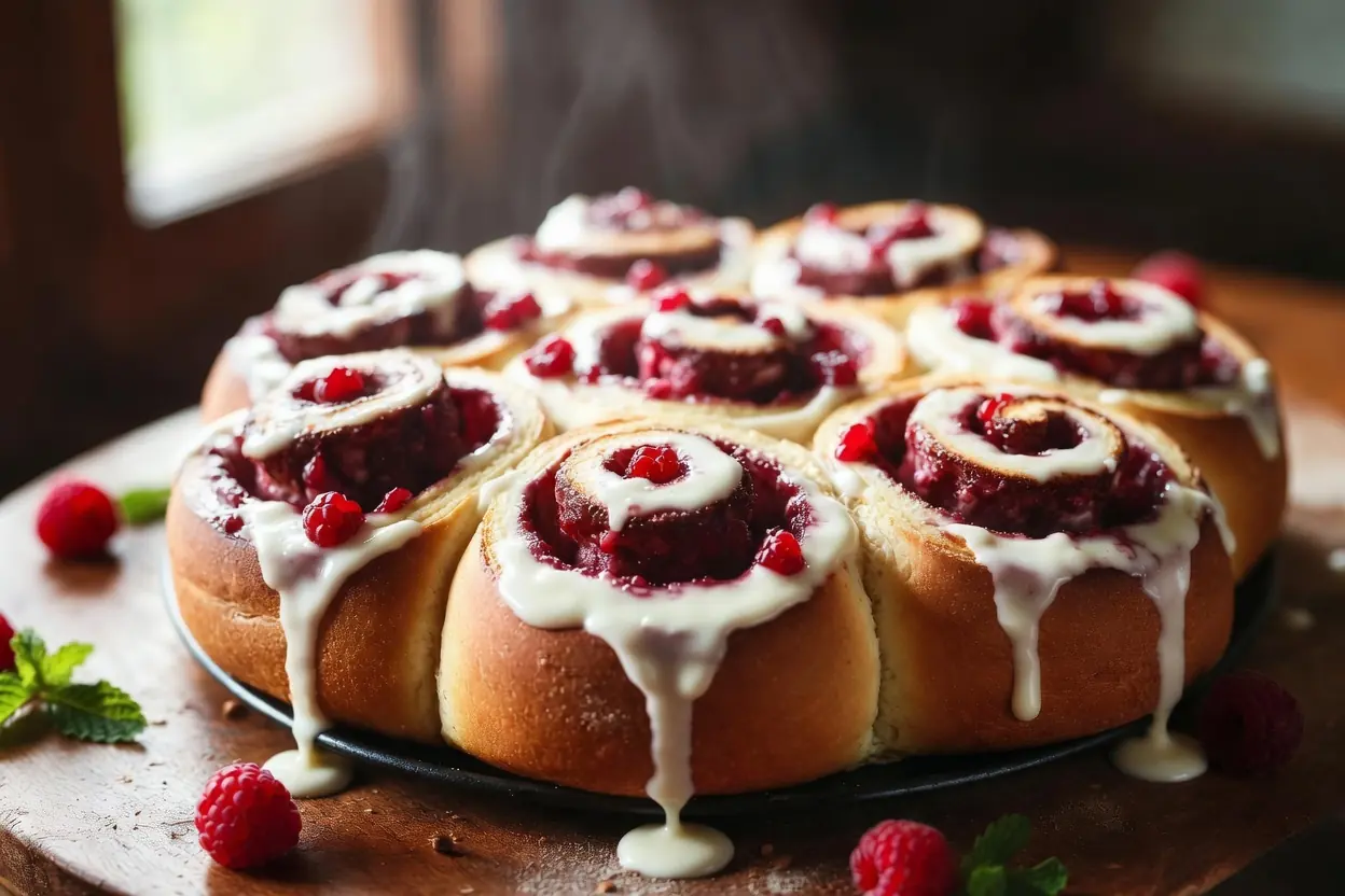 Freshly baked raspberry cinnamon rolls with cream cheese frosting in a round pan on a wooden table