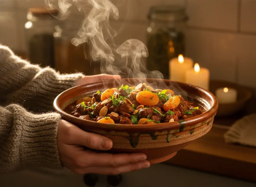 Hands holding a warm bowl of moroccan lamb stew in a cozy kitchen setting