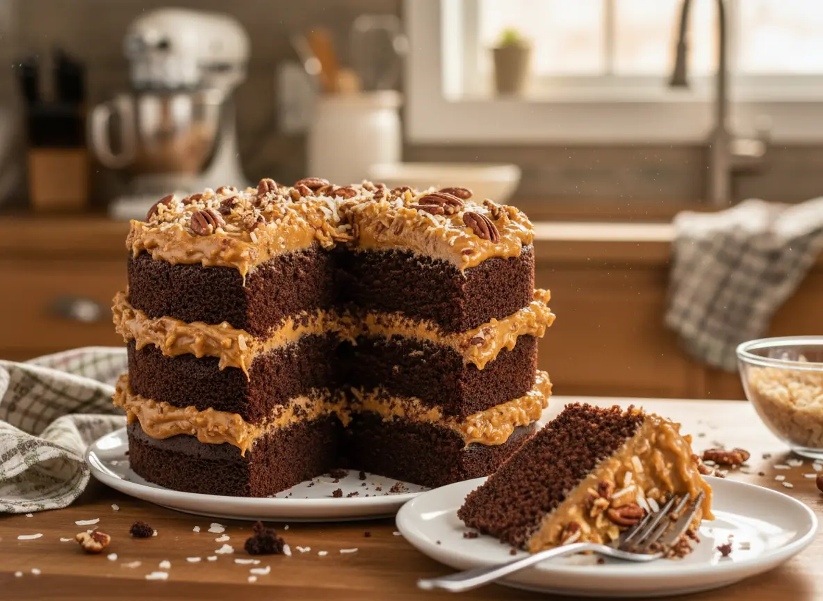 Homemade german chocolate cake fully assembled with frosting layers (best german chocolate cake recipe)