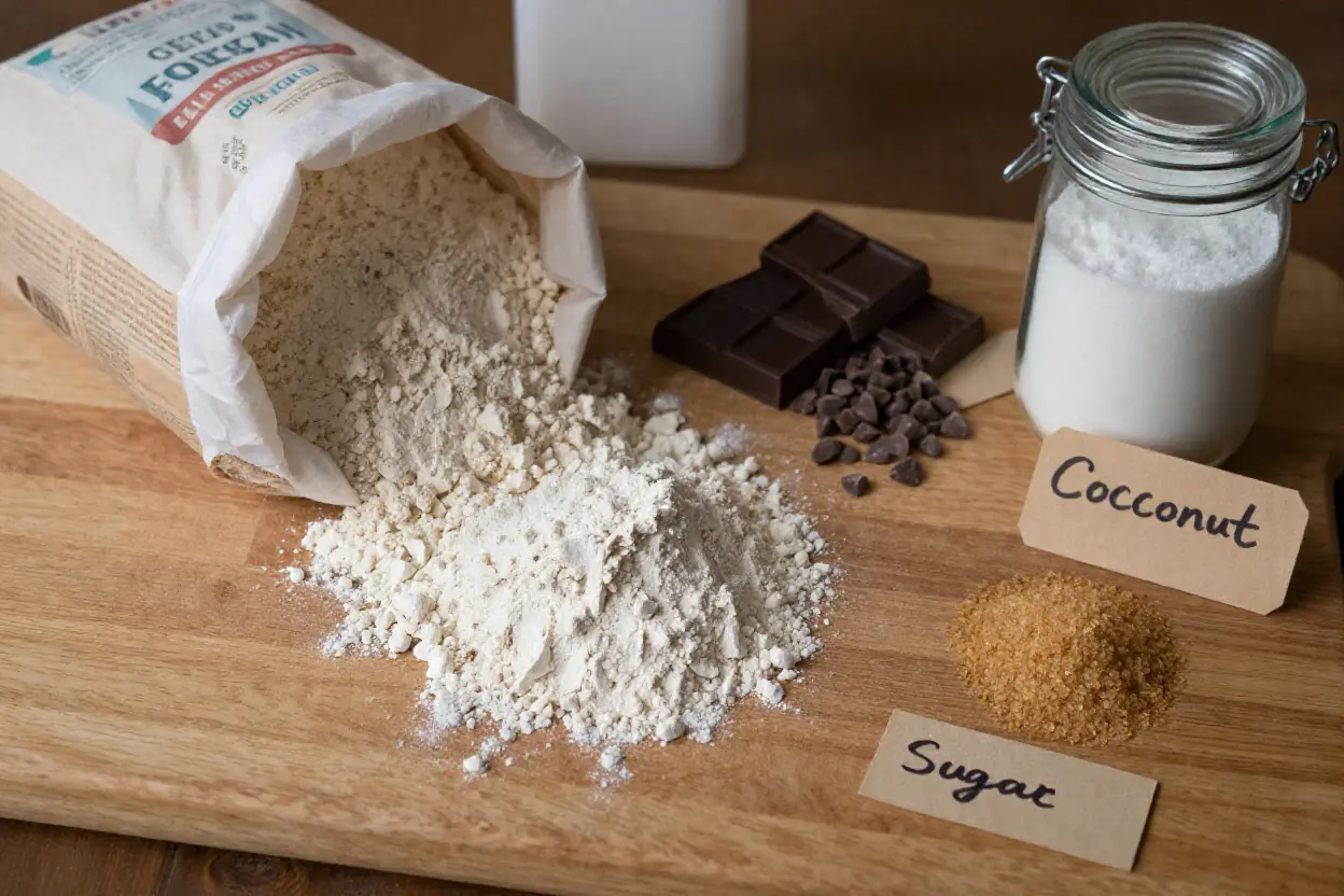 How I Finally Made Bakery Style Chocolate Chip Cookies at Home (And You Can Too) 6 Ingredient substitutes for bakery style chocolate chip cookies laid out on wooden board