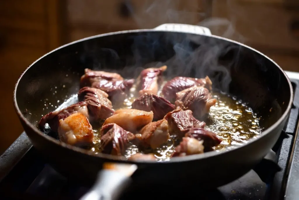 Lamb stew meat searing in a cast iron Dutch oven for moroccan lamb stew recipe