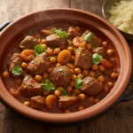 Moroccan lamb stew served in a rustic ceramic pot garnished with fresh cilantro