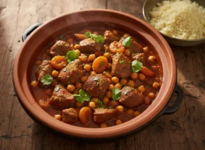 Moroccan lamb stew served in a rustic ceramic pot garnished with fresh cilantro
