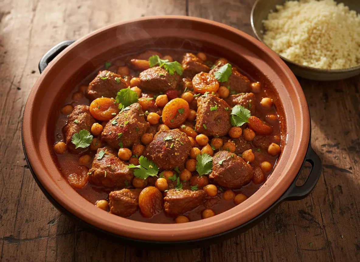 Moroccan lamb stew served in a rustic ceramic pot garnished with fresh cilantro