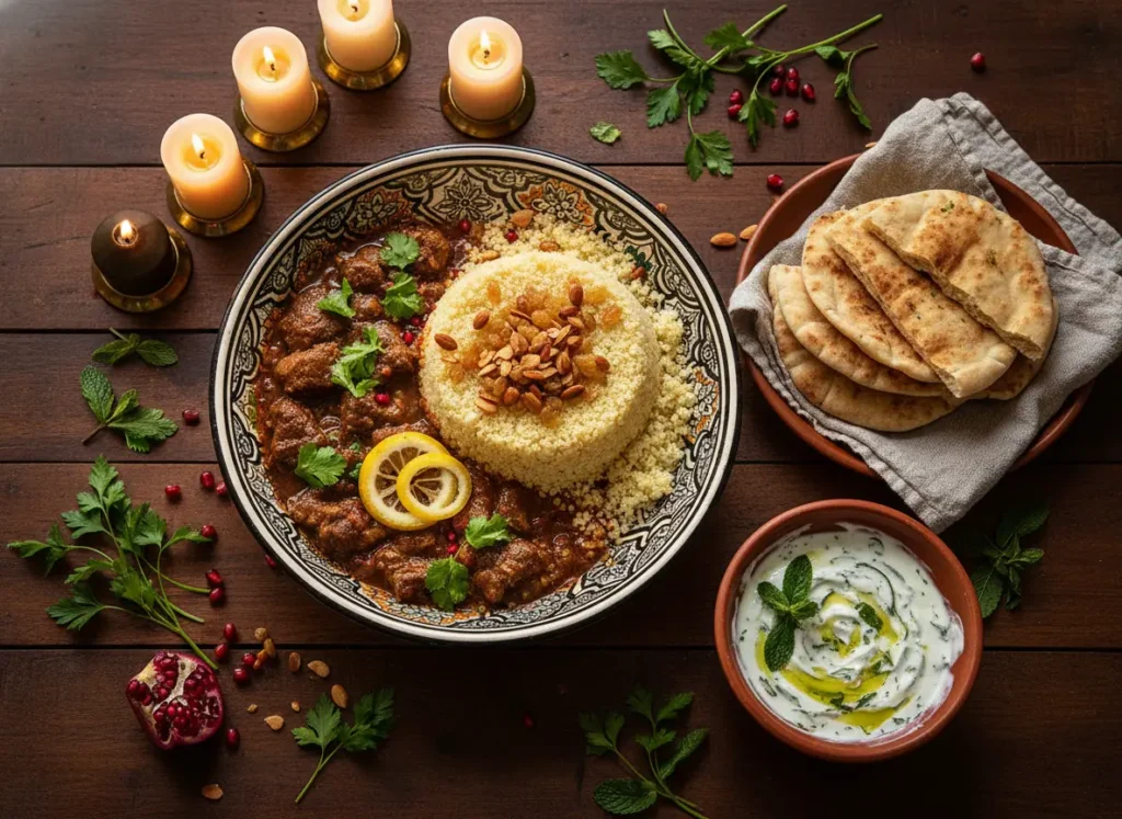 Moroccan lamb stew served with couscous warm pita and yogurt sauce on a rustic table