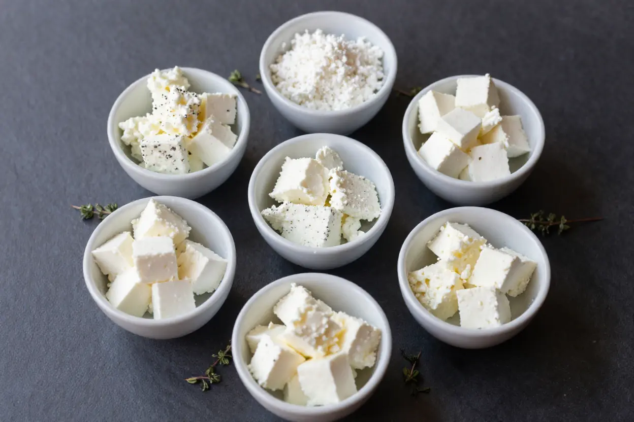 Six best queso fresco cheese substitutes displayed in small white bowls on a dark slate surface including feta cotija ricotta salata and paneer