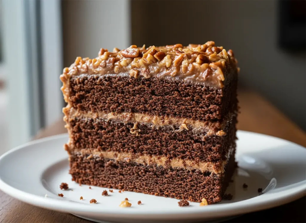 Slice of german chocolate cake showing layers and frosting texture