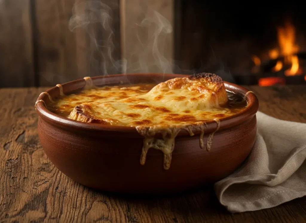 
A bowl of classic french onion soup from mix topped with melted cheese and toasted bread