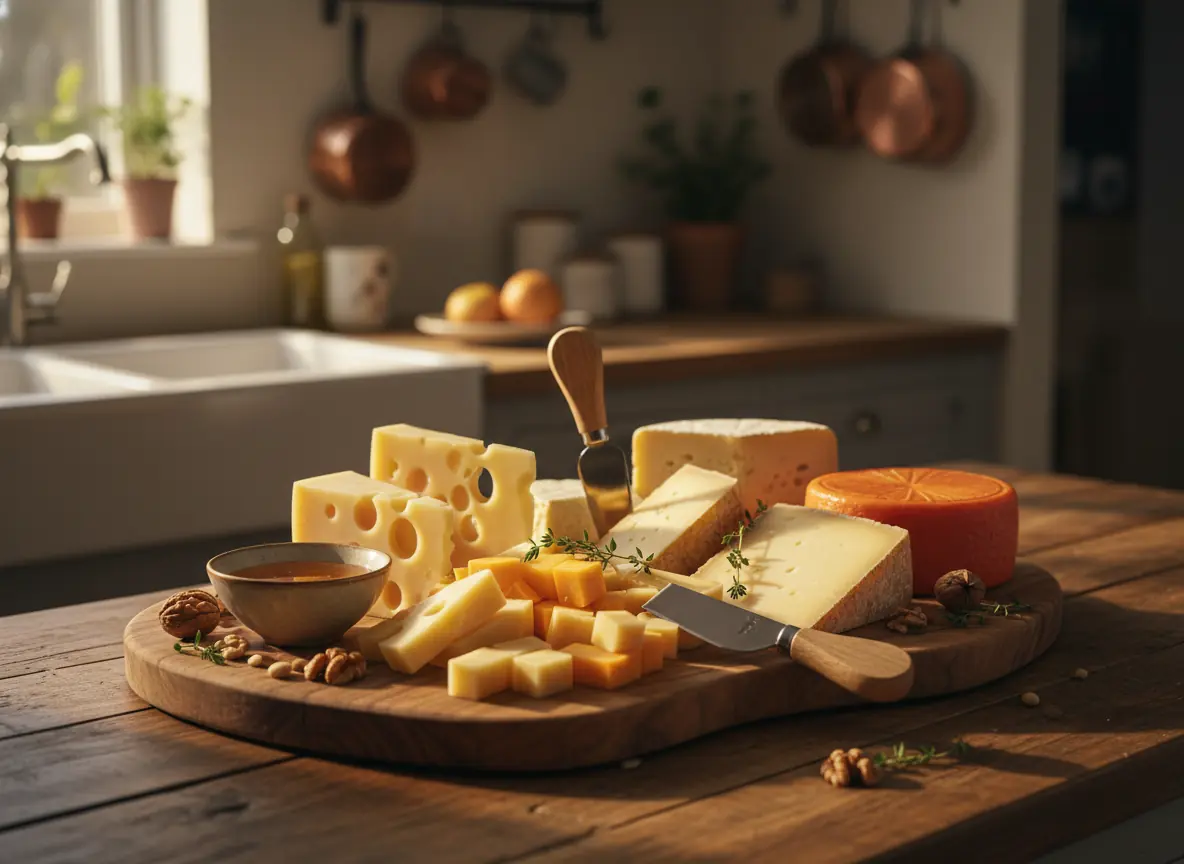 Best gruyere cheese substitute options displayed on a rustic wooden cheese board with various cheeses, nuts, and herbs