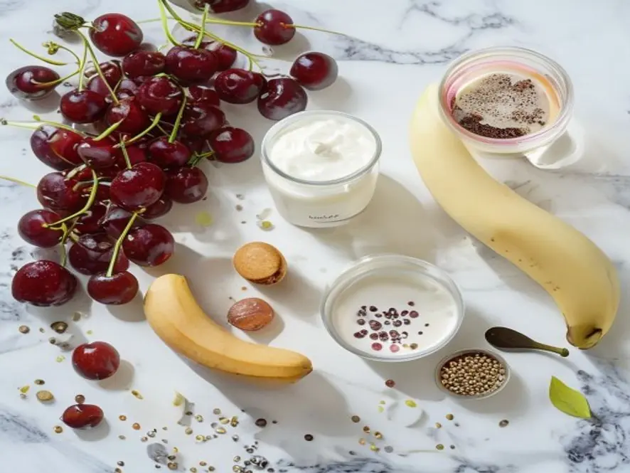 How to Make a Cherry Smoothie (Creamy, Easy & Absolutely Delicious) 3 Cherry smoothie recipe ingredients laid out on white marble including frozen cherries, yogurt, banana and almond milk