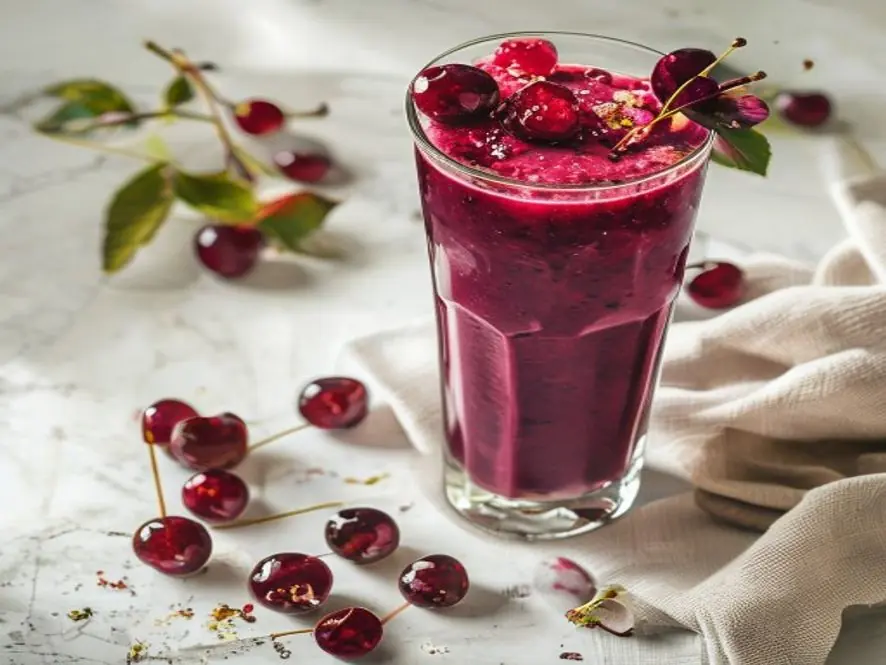 Cherry smoothie recipe served in a tall glass with fresh cherries on top, photographed on white marble