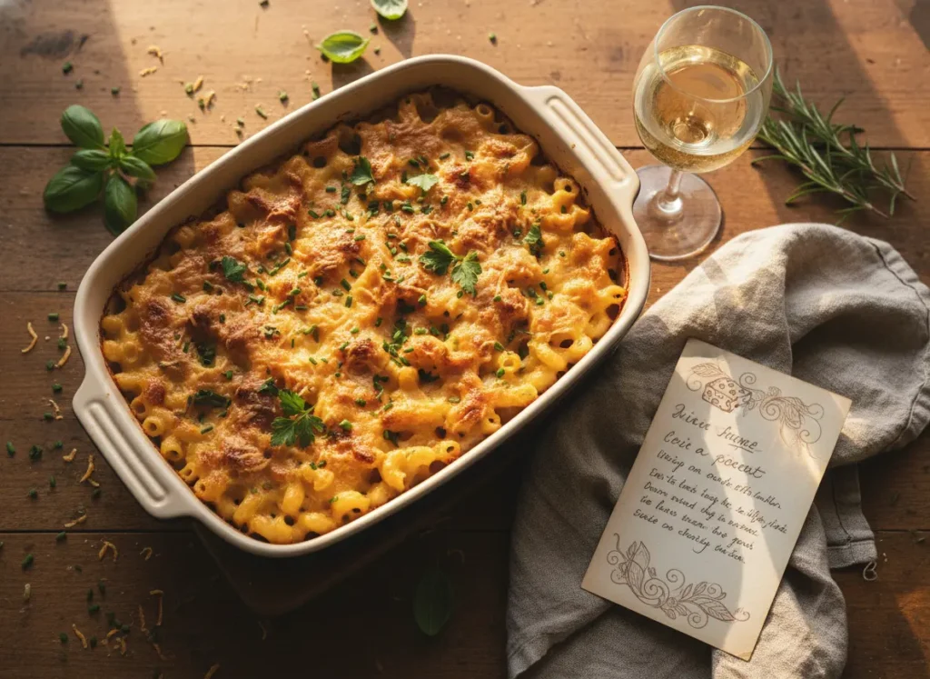 Cozy kitchen table with cheesy baked dish showing that any gruyere cheese substitute can make a delicious meal