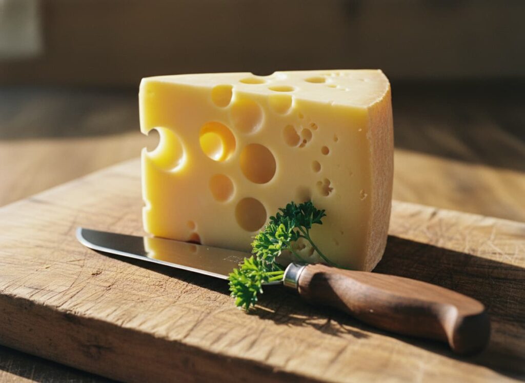 Emmental cheese wedge showing signature holes on wooden board as a gruyere cheese substitute