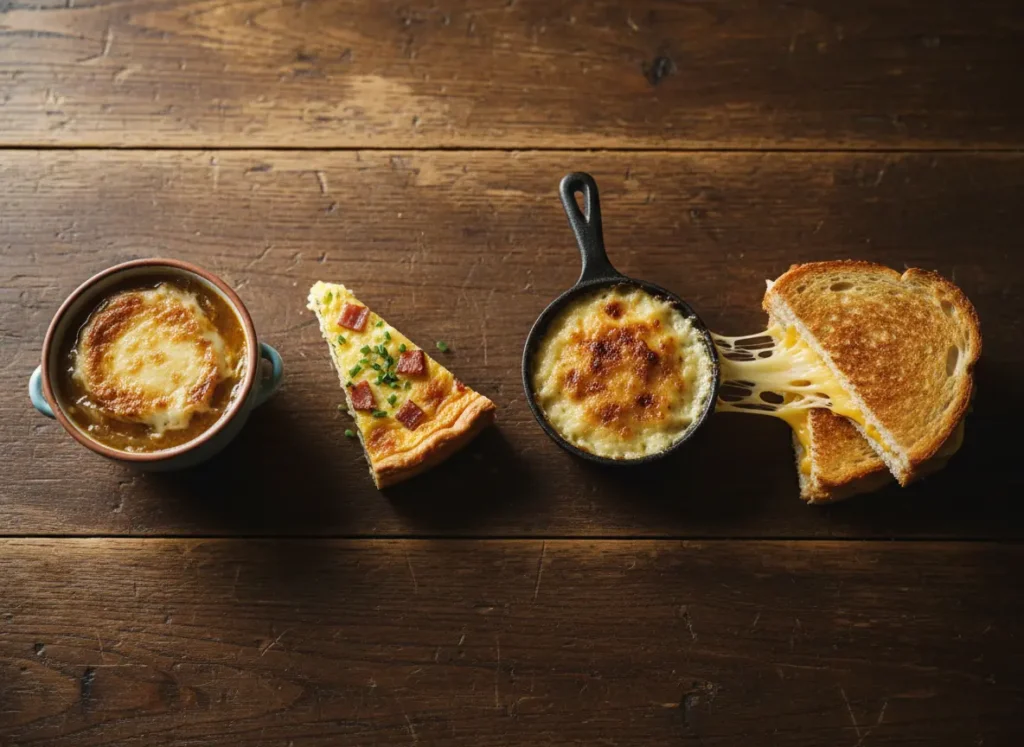 Four classic dishes showing best gruyere cheese substitutes by recipe including French onion soup quiche gratin and grilled cheese