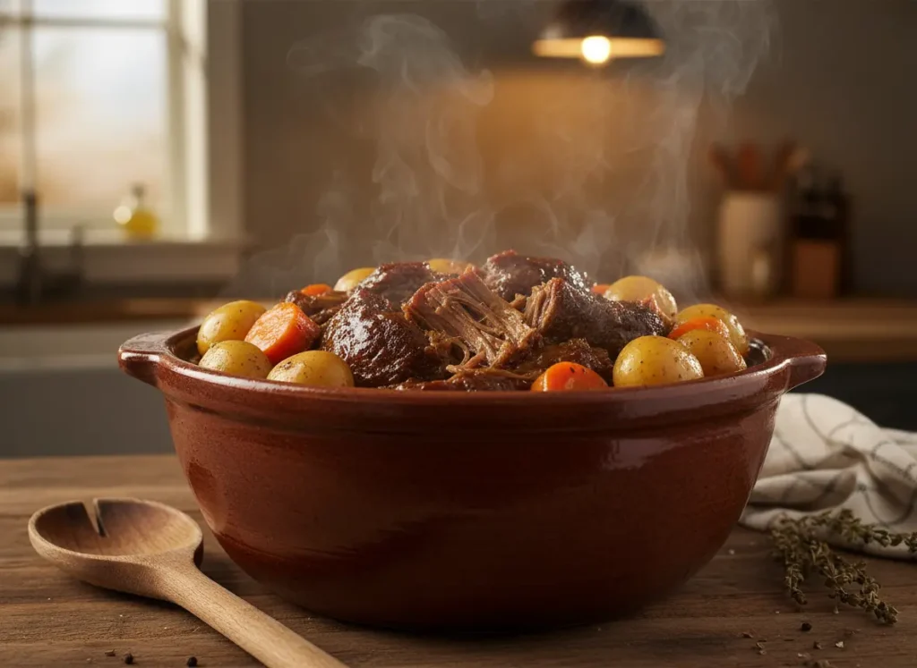 French onion soup mix pot roast crock pot with tender beef carrots and potatoes in savory gravy