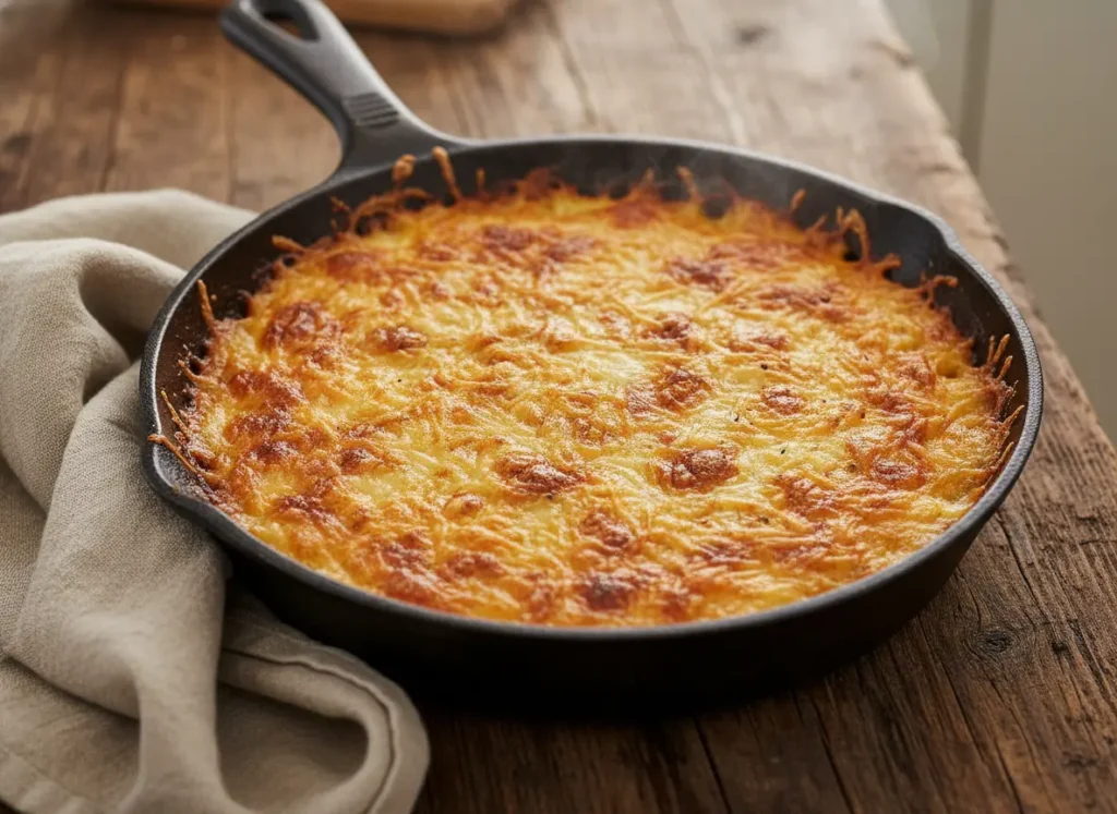 Golden bubbly Fontina cheese melted over potato gratin in cast iron skillet as best melting gruyere substitute