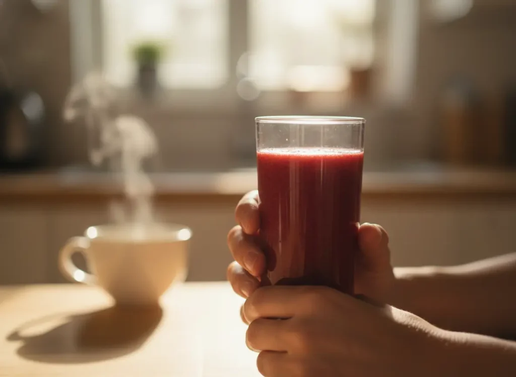 How to Make a Cherry Smoothie (Creamy, Easy & Absolutely Delicious) 6 Hands holding a glass of cherry smoothie recipe in a cozy morning kitchen setting
