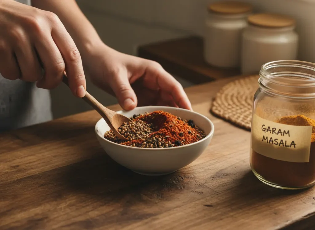 Hands mixing homemade french onion soup mix recipe in a white bowl on wooden counter