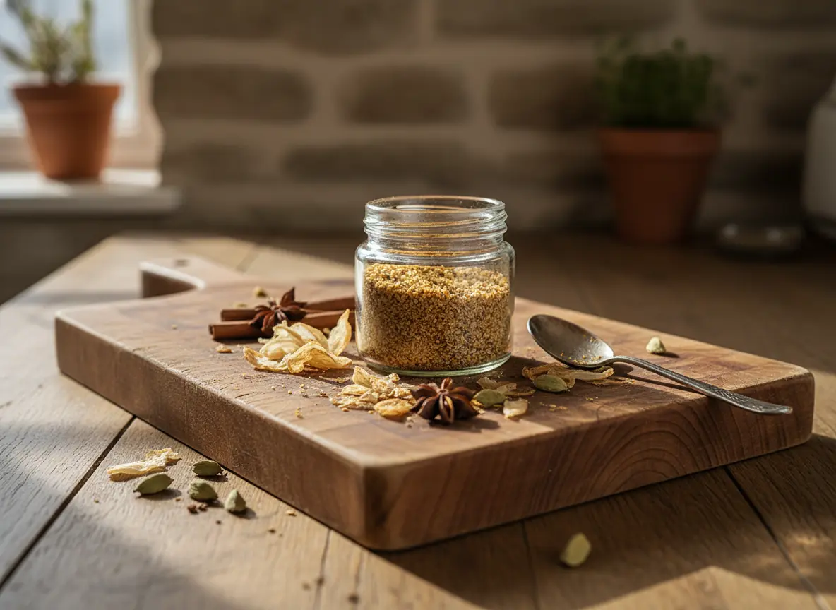 Homemade french onion soup mix in a glass jar with dried spices on a rustic wooden table